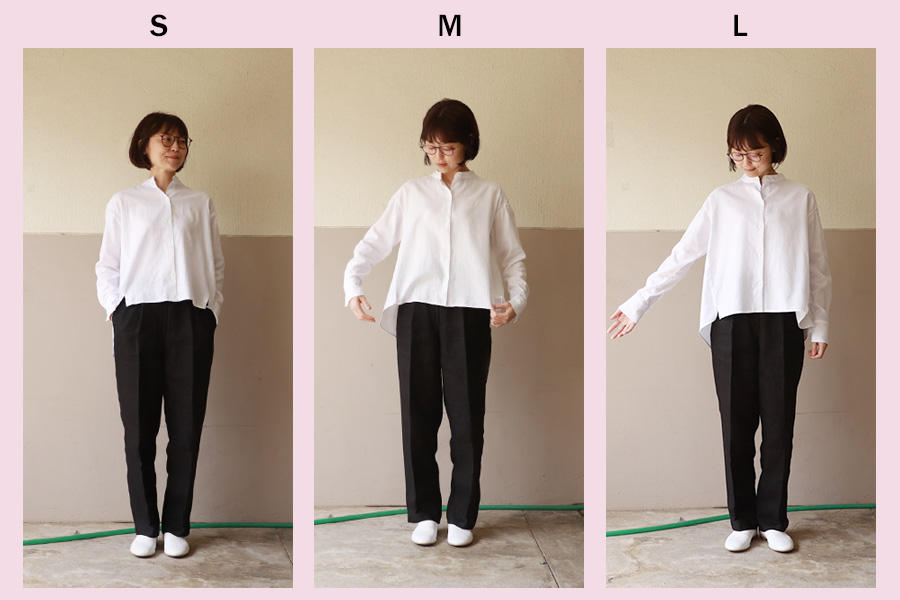 S/M/Lサイズを着用比べしてみました（パターンファブリック：はじめての大人の白シャツ） nunocoto fabric