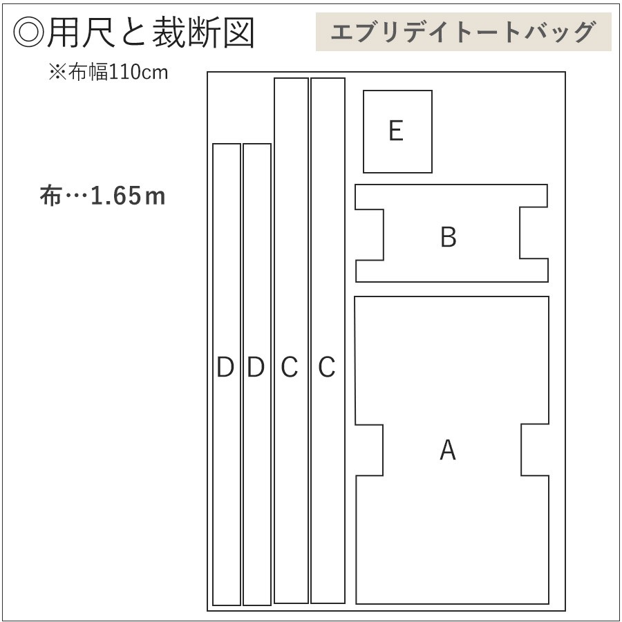 エブリデイトートバッグ　型紙　裁断図