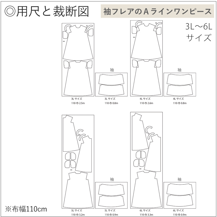 袖フレアのAラインワンピース　裁断図