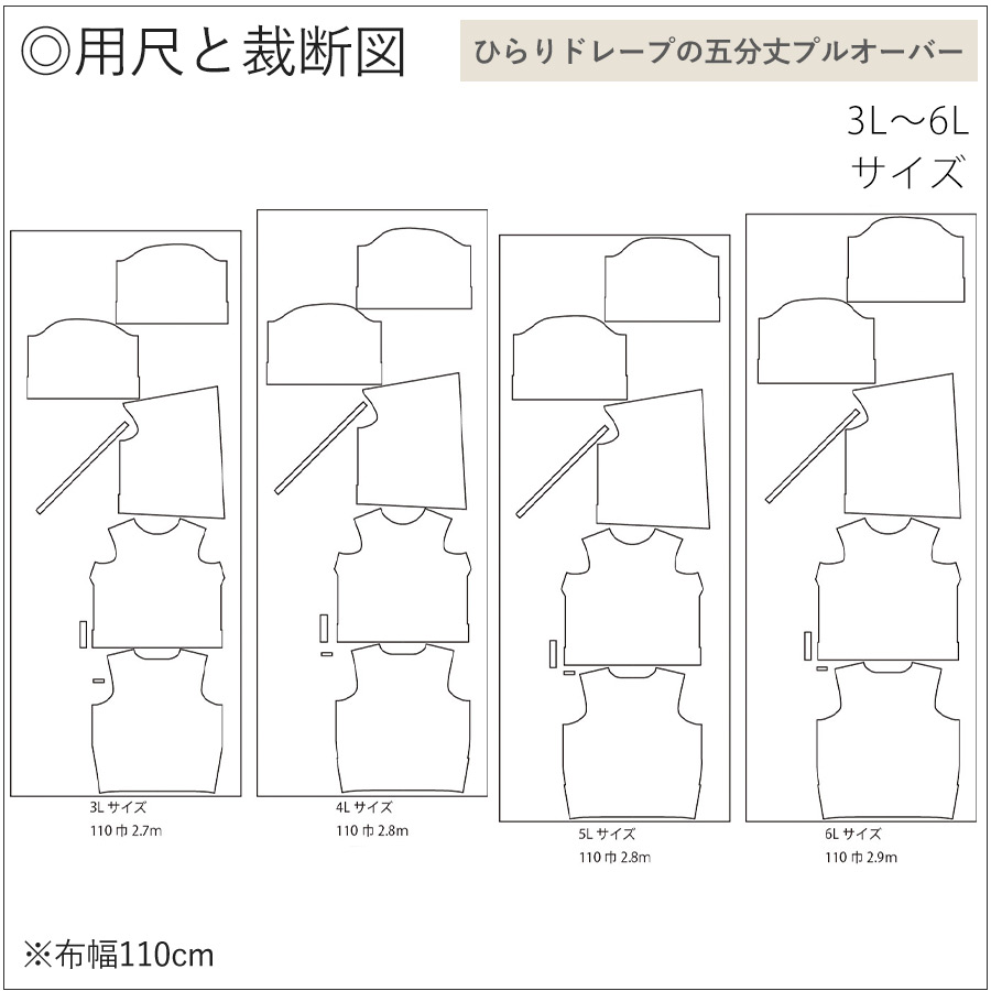 ひらりドレープの五分丈プルオーバー 裁断図